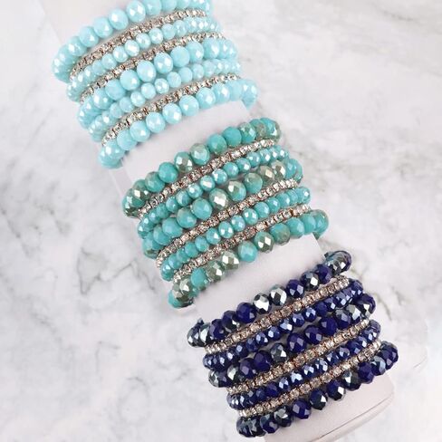 RIAH FASHION Bohemian Multi-Layer Beaded Stacking Statement Bracelets - Versatile Stretch Strand Sparkly Crystal Beads Wrap Slip-on Cuff Bangle Set in Kuwait