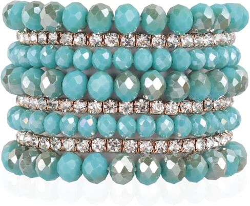 RIAH FASHION Bohemian Multi-Layer Beaded Stacking Statement Bracelets - Versatile Stretch Strand Sparkly Crystal Beads Wrap Slip-on Cuff Bangle Set in Kuwait