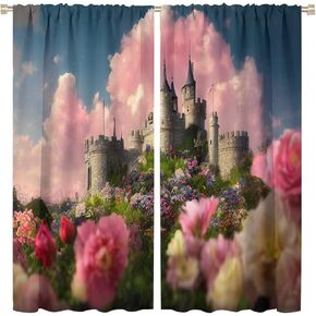 Kids Girl Children's Room Curtain Fairy Tale World Princess Castle Flower Garden for Living Room Bedroom Decor Printed Blackout Rod Pocket Window Drapes 42x45in in Kuwait
