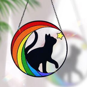 Huray Rayho Cat هدية تذكارية من الزجاج الملون نافذة معلقة جسور قوس قزح صائد الشمس لمحبي كيتي الحيوانات الأليفة هدية فقدان الحيوانات الأليفة لوحة زجاجية مزدوجة الجانب ديكور