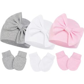 Mittens and Caps for Newborn Baby Girls Set Hospital Hat Beanie Infant Hats with Bow for 0-6 Months