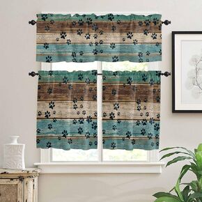 Farm Teal Wood Board Curtains Tiers and Valances 3 Piece Set,Dog Paws Rod Pocket Kitchen Valances,Window Curtain for Bedroom Living Room,Rustic Farmhouse Plank Short Curtains Window Treatment in Kuwait