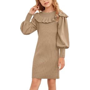 Arshiner Girls Sweater Dress Crew Neck Knit Puff Long Sleeves Ruffles Fall Winter Jumper Pullover Dresses for 5-14 Years