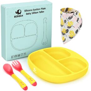 BEBOAN Baby Suction Plate, Silicone Divided Plate Set with Lid, Fork and Spoon for Boys and Girls, 100% BPA-Free Baby Food Plate, Dishwasher & Microwave Friendly, Fits for Most High Chair (Yellow) in Kuwait