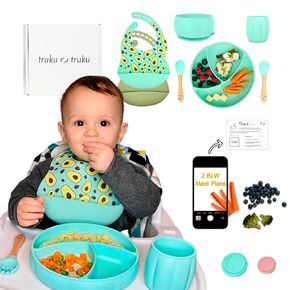 Silicone Baby Feeding Set | truku truku ® | Baby Dinnerware Set - 2 Bibs with Food Catcher, Suction Plates for Baby, Bowl, Toddler Cup, Bamboo Spoon and Fork - Baby Avocado Stuff - 7 pcs (Mint) in Saudi Arabia