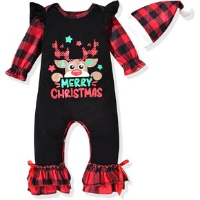 Unutiylo Baby Girl Thanksgiving Christmas Outfit My First Holidays Romper Ruffle Sleeve Jumpsuit with Headband Set in Kuwait