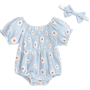 MERSARIPHY Infant Baby Girl Daisy Romper+Headband Pleated Bubble Sleeve Floral Printed Bodysuit Summer Outfits Clothes Set