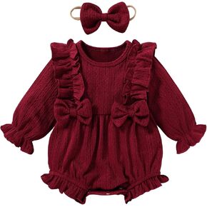 Eaerobc Newborn Infant Girl Cotton Knit Long Sleeve Romper Bowknot Baby Ruffle Jumpsuit Fall