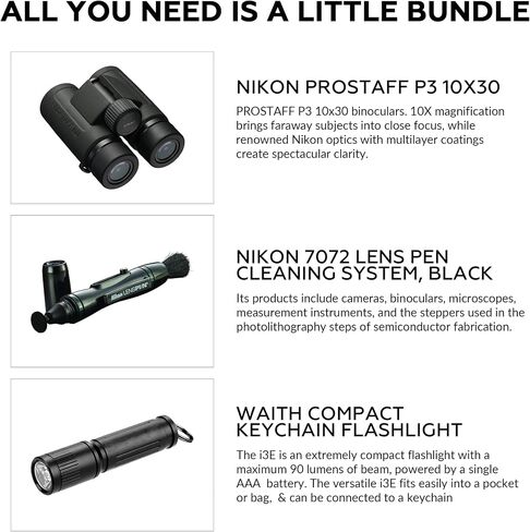 Nikon PROSTAFF P3 10x30 Waterproof Binocular for Adults | Small & Compact Travel Binoculars for Bird Watching | Lens Pen Cleaning System, & Flashlight Bundle Set in Saudi Arabia