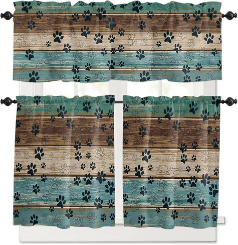 Farm Teal Wood Board Curtains Tiers and Valances 3 Piece Set,Dog Paws Rod Pocket Kitchen Valances,Window Curtain for Bedroom Living Room,Rustic Farmhouse Plank Short Curtains Window Treatment in Kuwait