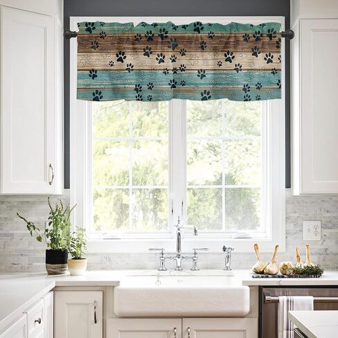 Farm Teal Wood Board Curtains Tiers and Valances 3 Piece Set,Dog Paws Rod Pocket Kitchen Valances,Window Curtain for Bedroom Living Room,Rustic Farmhouse Plank Short Curtains Window Treatment in Kuwait