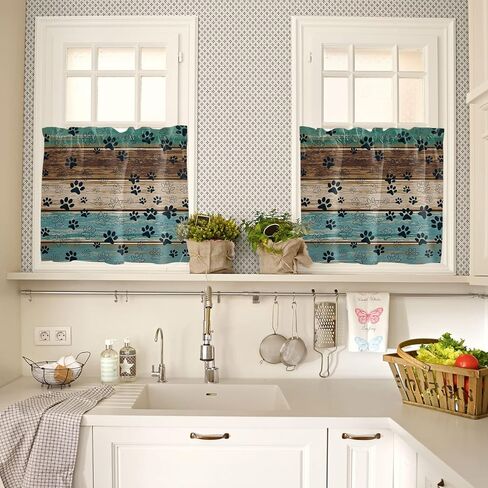 Farm Teal Wood Board Curtains Tiers and Valances 3 Piece Set,Dog Paws Rod Pocket Kitchen Valances,Window Curtain for Bedroom Living Room,Rustic Farmhouse Plank Short Curtains Window Treatment in Kuwait