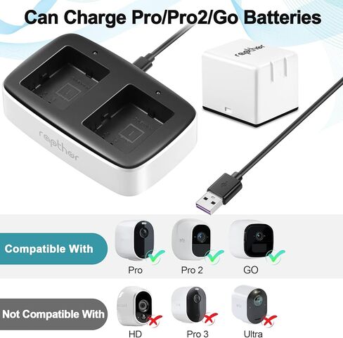 محطة شحن مزدوجة Rapthor، متوافقة مع Arlo Pro/Pro 2 / Arlo Go Security Camera شاحن بطارية قابل لإعادة الشحن مع كابل USB من النوع C in Kuwait