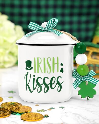 St. Patrick's Day Tiered Tray Decor Irish Kisses Ceramic Canister Irish Decor Bowl Candy Holder with Green Buffalo Plaid Bowknot Shamrock Home Farmhouse Table Centerpiece Decoration Supplies in Saudi Arabia