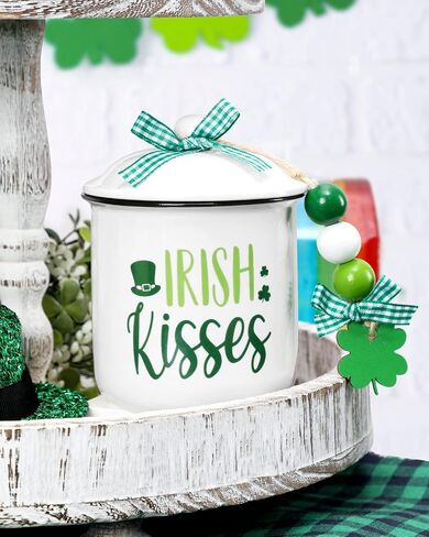St. Patrick's Day Tiered Tray Decor Irish Kisses Ceramic Canister Irish Decor Bowl Candy Holder with Green Buffalo Plaid Bowknot Shamrock Home Farmhouse Table Centerpiece Decoration Supplies in Saudi Arabia