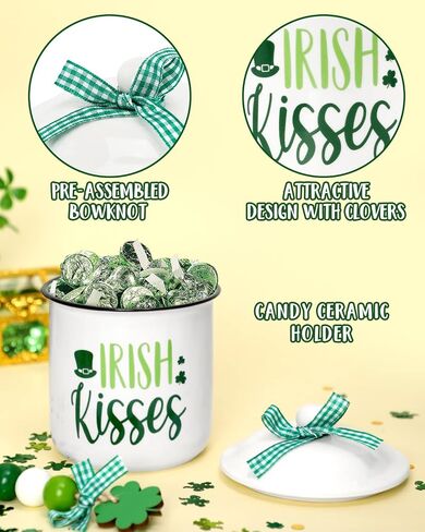 St. Patrick's Day Tiered Tray Decor Irish Kisses Ceramic Canister Irish Decor Bowl Candy Holder with Green Buffalo Plaid Bowknot Shamrock Home Farmhouse Table Centerpiece Decoration Supplies in Saudi Arabia