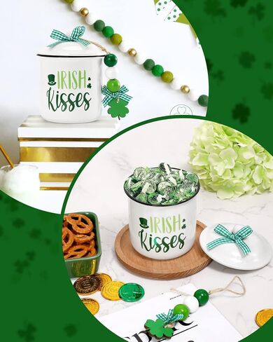 St. Patrick's Day Tiered Tray Decor Irish Kisses Ceramic Canister Irish Decor Bowl Candy Holder with Green Buffalo Plaid Bowknot Shamrock Home Farmhouse Table Centerpiece Decoration Supplies in Saudi Arabia