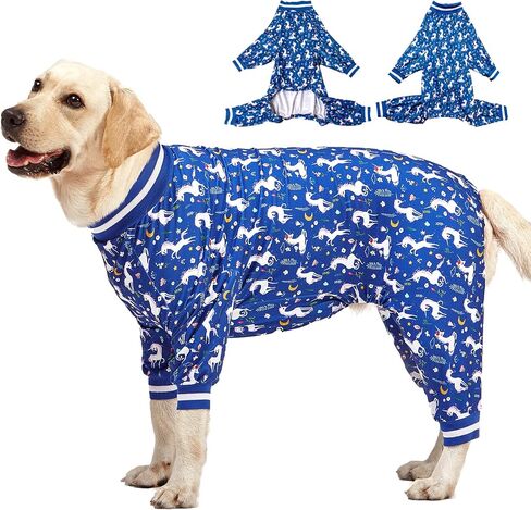 LovinPet Large Dog PJS Clothes: Wound Care/Post Surgery Dog Shirt, Lightweight Stretchy Knit Dog Pajamas, Mermaids & Unicorns Blue and White Print, Large Dog Jammies, Pet PJ's/Medium in Saudi Arabia