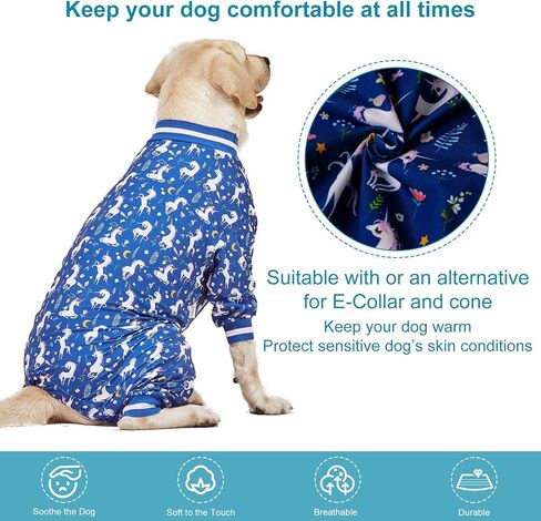 LovinPet Large Dog PJS Clothes: Wound Care/Post Surgery Dog Shirt, Lightweight Stretchy Knit Dog Pajamas, Mermaids & Unicorns Blue and White Print, Large Dog Jammies, Pet PJ's/Medium in Saudi Arabia