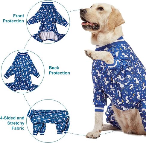 LovinPet Large Dog PJS Clothes: Wound Care/Post Surgery Dog Shirt, Lightweight Stretchy Knit Dog Pajamas, Mermaids & Unicorns Blue and White Print, Large Dog Jammies, Pet PJ's/Medium in Saudi Arabia