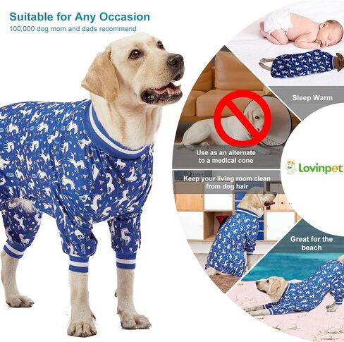 LovinPet Large Dog PJS Clothes: Wound Care/Post Surgery Dog Shirt, Lightweight Stretchy Knit Dog Pajamas, Mermaids & Unicorns Blue and White Print, Large Dog Jammies, Pet PJ's/Medium in Saudi Arabia