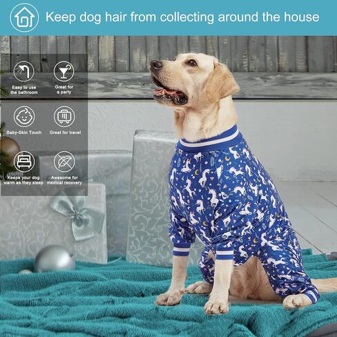 LovinPet Large Dog PJS Clothes: Wound Care/Post Surgery Dog Shirt, Lightweight Stretchy Knit Dog Pajamas, Mermaids & Unicorns Blue and White Print, Large Dog Jammies, Pet PJ's/Medium in Saudi Arabia