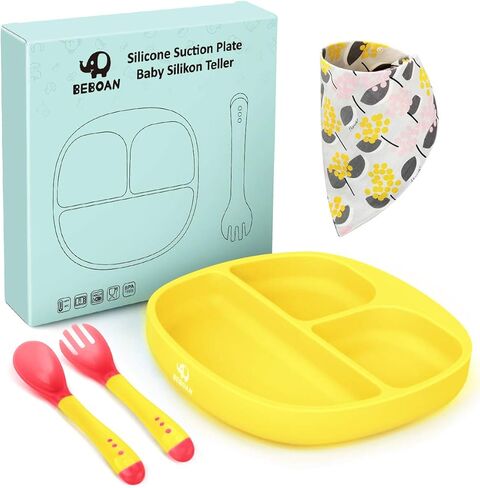 BEBOAN Baby Suction Plate, Silicone Divided Plate Set with Lid, Fork and Spoon for Boys and Girls, 100% BPA-Free Baby Food Plate, Dishwasher & Microwave Friendly, Fits for Most High Chair (Yellow) in Kuwait