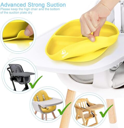 BEBOAN Baby Suction Plate, Silicone Divided Plate Set with Lid, Fork and Spoon for Boys and Girls, 100% BPA-Free Baby Food Plate, Dishwasher & Microwave Friendly, Fits for Most High Chair (Yellow) in Kuwait