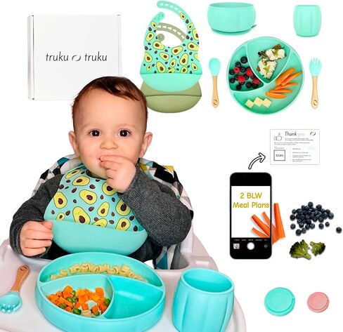 Silicone Baby Feeding Set | truku truku ® | Baby Dinnerware Set - 2 Bibs with Food Catcher, Suction Plates for Baby, Bowl, Toddler Cup, Bamboo Spoon and Fork - Baby Avocado Stuff - 7 pcs (Mint) in Saudi Arabia
