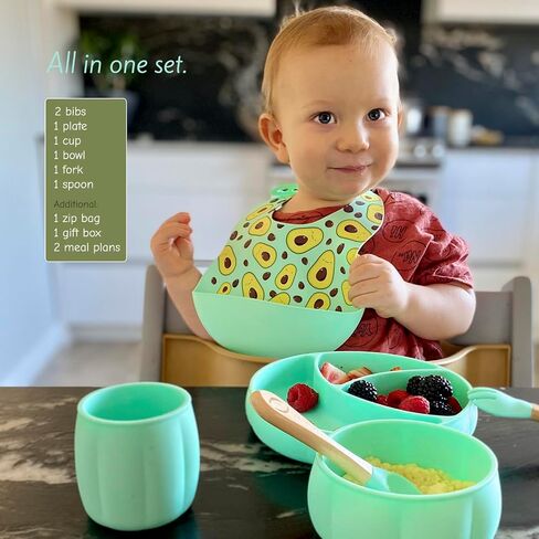 Silicone Baby Feeding Set | truku truku ® | Baby Dinnerware Set - 2 Bibs with Food Catcher, Suction Plates for Baby, Bowl, Toddler Cup, Bamboo Spoon and Fork - Baby Avocado Stuff - 7 pcs (Mint) in Saudi Arabia