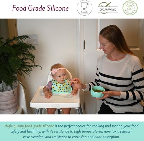 Silicone Baby Feeding Set | truku truku ® | Baby Dinnerware Set - 2 Bibs with Food Catcher, Suction Plates for Baby, Bowl, Toddler Cup, Bamboo Spoon and Fork - Baby Avocado Stuff - 7 pcs (Mint) in Saudi Arabia