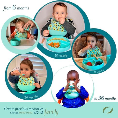 Silicone Baby Feeding Set | truku truku ® | Baby Dinnerware Set - 2 Bibs with Food Catcher, Suction Plates for Baby, Bowl, Toddler Cup, Bamboo Spoon and Fork - Baby Avocado Stuff - 7 pcs (Mint) in Saudi Arabia