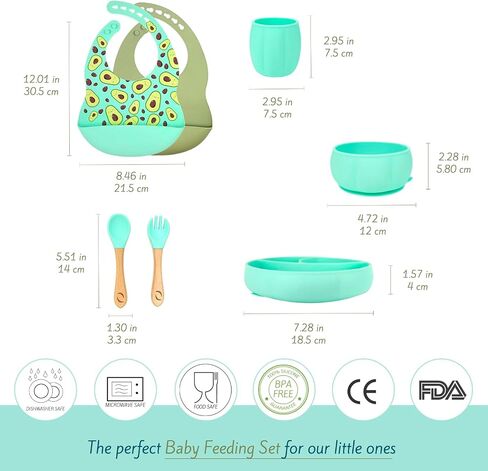 Silicone Baby Feeding Set | truku truku ® | Baby Dinnerware Set - 2 Bibs with Food Catcher, Suction Plates for Baby, Bowl, Toddler Cup, Bamboo Spoon and Fork - Baby Avocado Stuff - 7 pcs (Mint) in Saudi Arabia