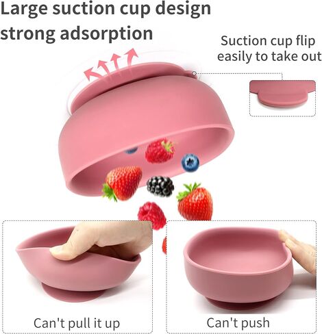 مجموعة تغذية الأطفال المكونة من 5 قطع من أطباق العشاء وأدوات المائدة المصنوعة من السيليكون، أوعية فطام الأطفال من سانتي آند مي مع شفط ومرايل سيليكون وملعقة وشوكة وأكواب للأطفال الصغار (وردي داكن) in Kuwait