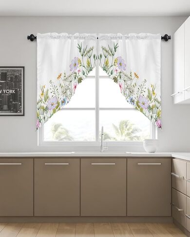 ستائر غنيمة زهور الربيع، ستائر زهور برية ريفية صيفية نباتية للحمام في غرفة المعيشة، علاجات نافذة قصيرة، ستائر مطبخ بجيب قضيب، مجموعة غنيمة، لوحتان، 28 بوصة × 36 بوصة in Kuwait