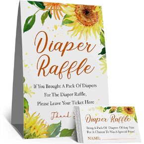 تذاكر سحب حفاضات عباد الشمس بألوان مائية، لافتة سحب الحفاضات، مجموعة ألعاب عباد الشمس لحفلة استقبال المولود الجديد، ديكورات استحمام الطفل (علامة واحدة + 50 بطاقة) in Kuwait