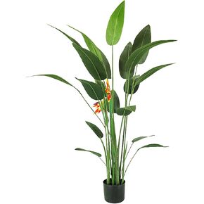 شجرة طائر الجنة المصنوعة من الحرير الاصطناعي مع الزهور - نبات صناعي بطول 5 أقدام لديكور المنزل والمكتب، وشجرة النخيل الاستوائية بوعاء بأوراق الموز، وتصميم مساحة داخلية وخارجية. (شجرة طير الجنة) in Kuwait