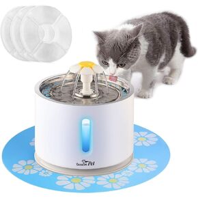 نافورة مياه للقطط من الستانلس ستيل بمؤشر LED سعة 88 اونصة/2.4 لتر، موزع مياه اوتوماتيكي للحيوانات الاليفة مع 3 فلاتر بديلة وسجادة سيليكون للقطط والكلاب والحيوانات الاليفة المتعددة (مع زهور) in Kuwait