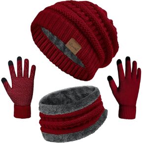 3 Pieces Winter Beanie Hat Scarf Touch Screen Gloves Set Thick Warm Knit Skull Cap Fleece Lined Scarves Gifts for Women
