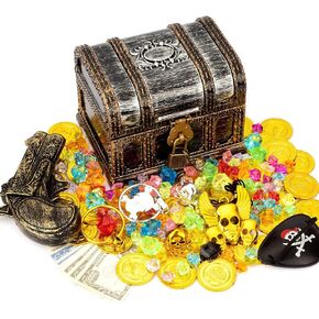 صندوق كنز لعبة القرصان للأطفال، مجموعة صندوق الكنز ذو اللون العتيق مع قفل، بوصلة، رقعة عين قرصان، علامة جمجمة مع سلسلة، حلقتين، حلقين، 50 عملة خريطة، 100 جوهرة. in Kuwait