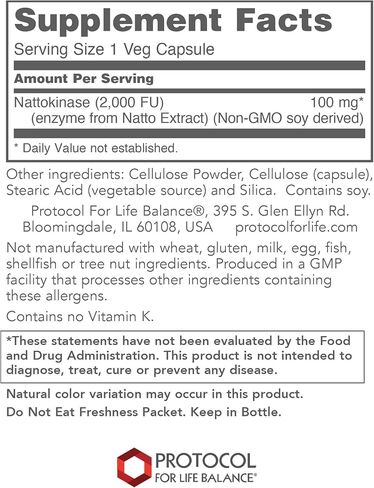 PROTOCOL FOR LIFE BALANCE - Nattokinase 100 mg - 2,000 Fibrinolytic Units of Enzyme Activity to Support Heart Health, Circulation, and Normal Blood Flow, Enhanced Formula Supplement - 60 Veg Capsules in Saudi Arabia