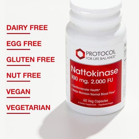 PROTOCOL FOR LIFE BALANCE - Nattokinase 100 mg - 2,000 Fibrinolytic Units of Enzyme Activity to Support Heart Health, Circulation, and Normal Blood Flow, Enhanced Formula Supplement - 60 Veg Capsules in Saudi Arabia