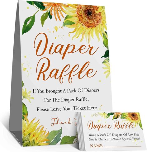 تذاكر سحب حفاضات عباد الشمس بألوان مائية، لافتة سحب الحفاضات، مجموعة ألعاب عباد الشمس لحفلة استقبال المولود الجديد، ديكورات استحمام الطفل (علامة واحدة + 50 بطاقة) in Kuwait