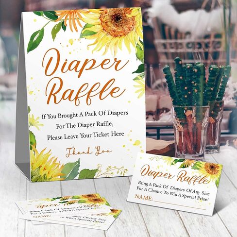 تذاكر سحب حفاضات عباد الشمس بألوان مائية، لافتة سحب الحفاضات، مجموعة ألعاب عباد الشمس لحفلة استقبال المولود الجديد، ديكورات استحمام الطفل (علامة واحدة + 50 بطاقة) in Kuwait