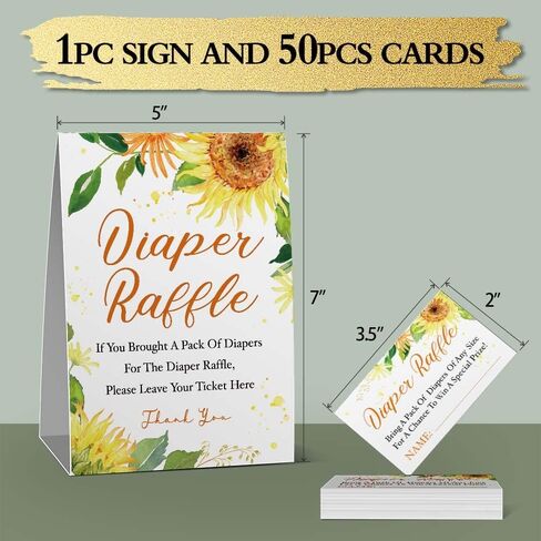 تذاكر سحب حفاضات عباد الشمس بألوان مائية، لافتة سحب الحفاضات، مجموعة ألعاب عباد الشمس لحفلة استقبال المولود الجديد، ديكورات استحمام الطفل (علامة واحدة + 50 بطاقة) in Kuwait