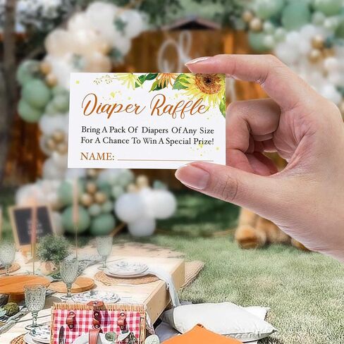 تذاكر سحب حفاضات عباد الشمس بألوان مائية، لافتة سحب الحفاضات، مجموعة ألعاب عباد الشمس لحفلة استقبال المولود الجديد، ديكورات استحمام الطفل (علامة واحدة + 50 بطاقة) in Kuwait