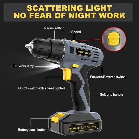 PowerTough 14.4V/16V مثقاب لاسلكي بطارية ليثيوم أيون 2 شاحن سريع متغير السرعة مجموعة أدوات مفك براغي قوية مجموعة أدوات صندوق هدايا (14.4V مع مجموعة 57 قطعة لقم الثقب) in Kuwait