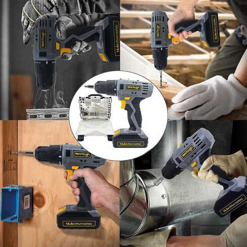 PowerTough 14.4V/16V مثقاب لاسلكي بطارية ليثيوم أيون 2 شاحن سريع متغير السرعة مجموعة أدوات مفك براغي قوية مجموعة أدوات صندوق هدايا (14.4V مع مجموعة 57 قطعة لقم الثقب) in Kuwait
