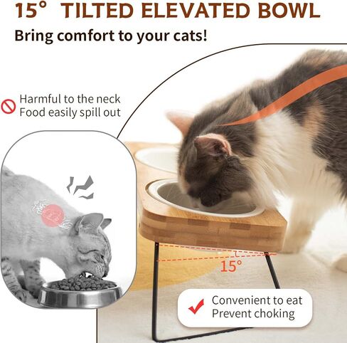 PLUROOF Ceramic Elevated 15°Tilted Cat Bowls, Food and Water Feeding Dishes Bowls, Non-Slip Metal Frame Stand Feeder for Small Size Dogs in Saudi Arabia