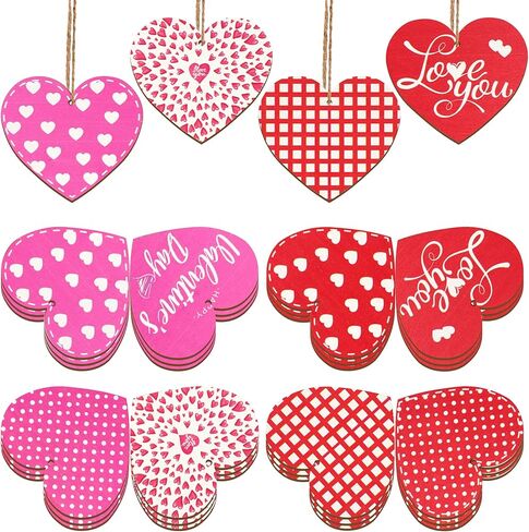 قلب خشب، زخرفة خشبية على شكل قلب الحب حمراء ووردية، قطع للتعليق على شكل قلب مزخرف بفلو زينة لحفلات عيد الحب وحفلات الزفاف، 24 قطعة in Kuwait
